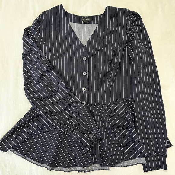 Banana Republic Asymmetrical/Peplum Top Navy with White Pin Stripes - Picture 1 of 1